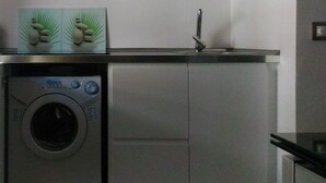 A compact kitchen with a built-in washing machine, a sink, and a small countertop.