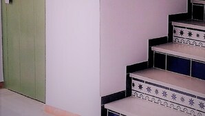 A staircase with a white and black patterned design, leading to a room with a green door.