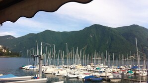 A marina with numerous sailboats docked, surrounded by lush green hills.
