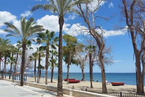 A beach with palm trees, a sandy shore, and a clear blue sky.