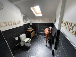 Ein Badezimmer mit schwarzen Fliesen, einem Oberlicht, einem Holzbadezimmermöbel, einer Toilette und einer dekorativen Pferdestatue.