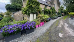 A stone house with a gravel driveway and flower beds. - Luxurious Gite in tranquil surroundings with private heated salt water pool (Louvigne-Du-Desert)