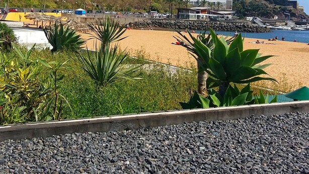 A beach with a rocky foreground, a sandy beach, and a hillside in the background. - Grannies House - Where Comfort and Relaxation Happens (Machico)