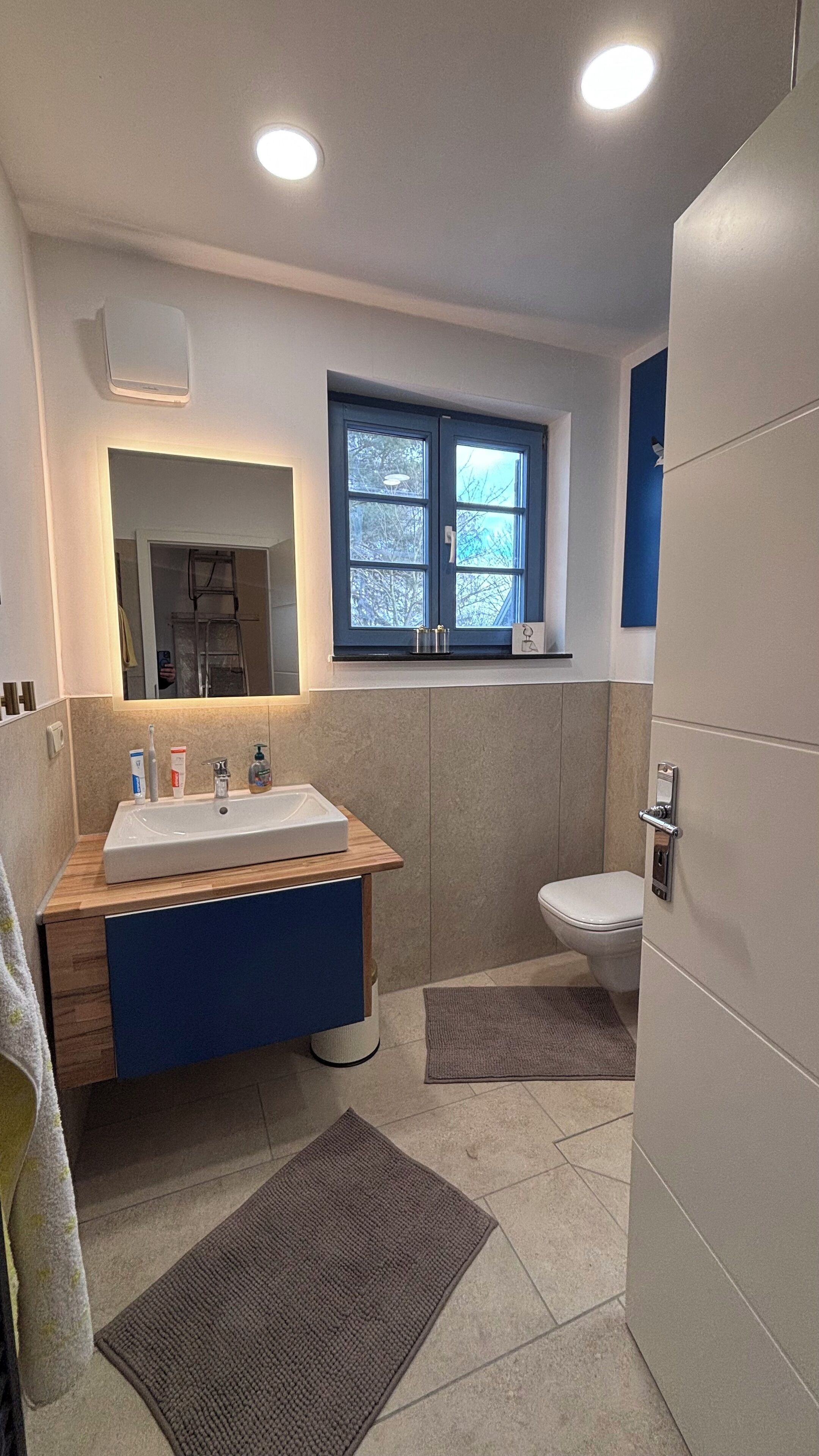 Een moderne badkamer met een houten wastafelmeubel, een witte wasbak, een spiegel, een raam en een toilet.