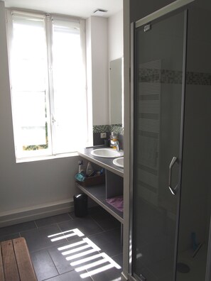 Bañera, secador de pelo, jabón, shampoo