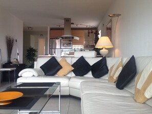 Smart-TV, DVD-spiller, bøker og stereoanlegg