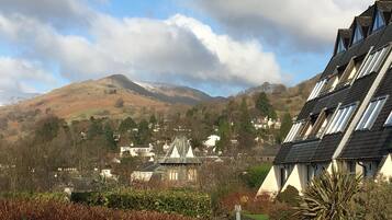 A residential area with houses, a church, and mountains in the background.