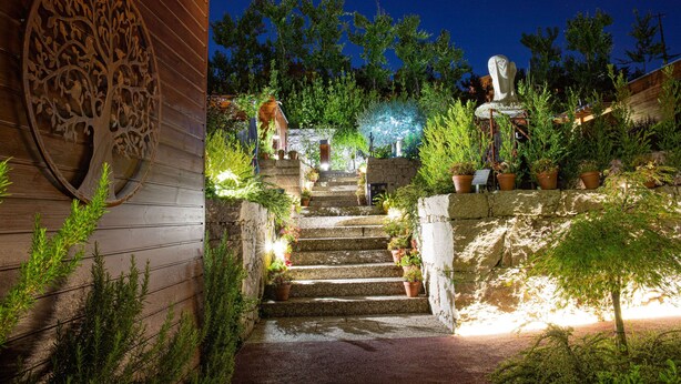 A stone staircase with potted plants and a decorative wooden panel on the left. - S. Torcato Valley Houses - House 1 (Guimarães)