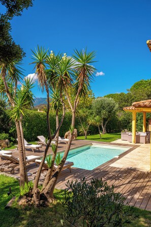 A pool area with palm trees, lounge chairs, and a pergola.