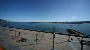 Un paseo marítimo con bancos y una vista despejada del mar.