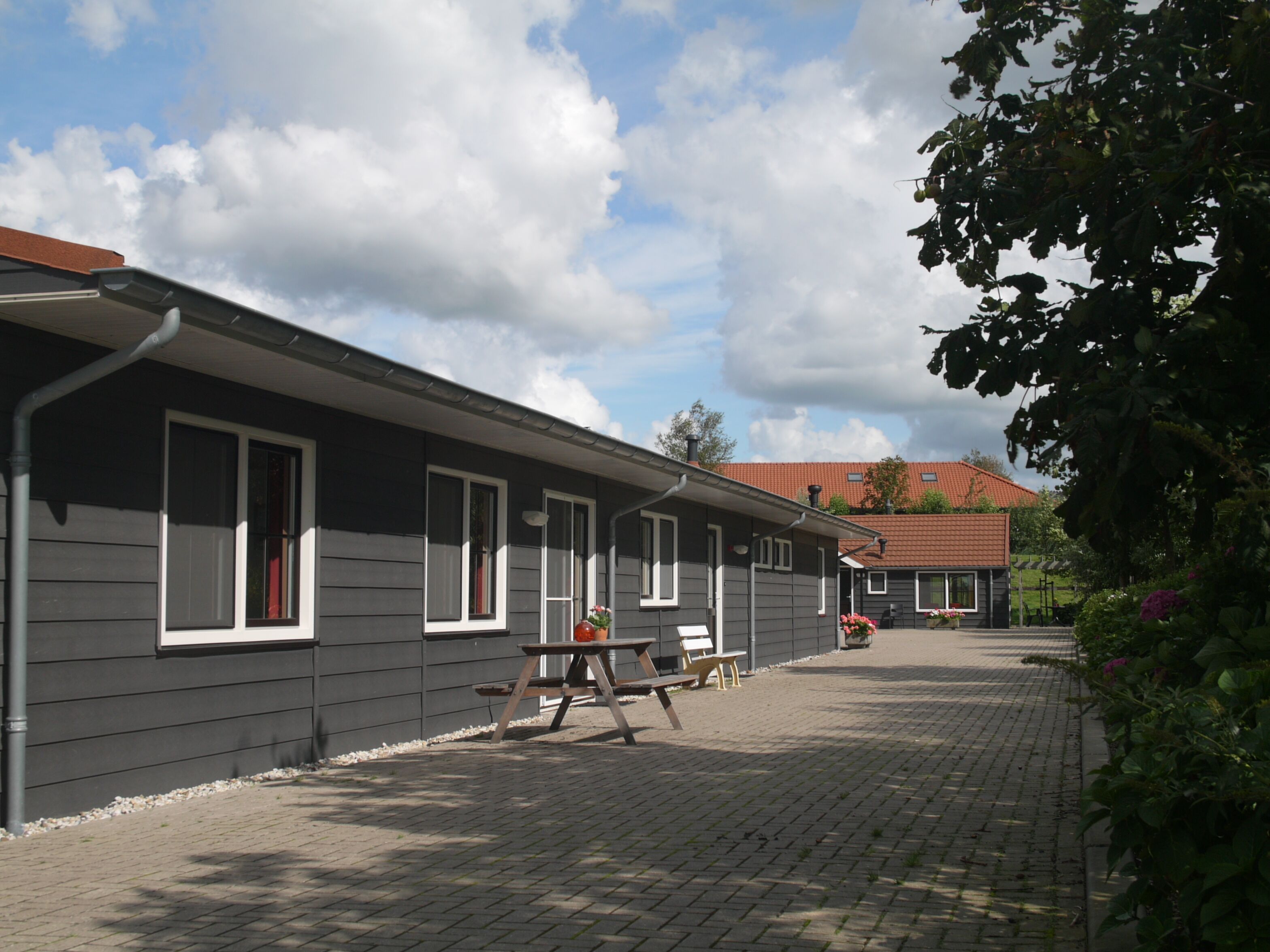 A row of single-story buildings with a paved walkway.