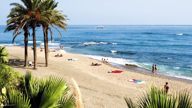 A beach with palm trees, people sunbathing, and boats in the water. - SPECIAL FAMILIES, WI-FI, BEACH, POOL, SPORTS TRACKS (Málaga, Benalmádena)