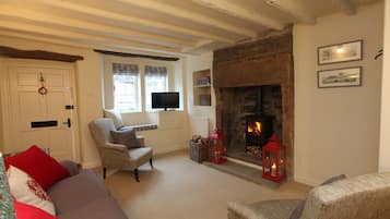 Fernseher, Kamin, DVD-Player, Bücher