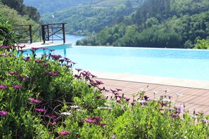Zona de piscina amb un pont de fusta, envoltada de vegetació abundant i flors.