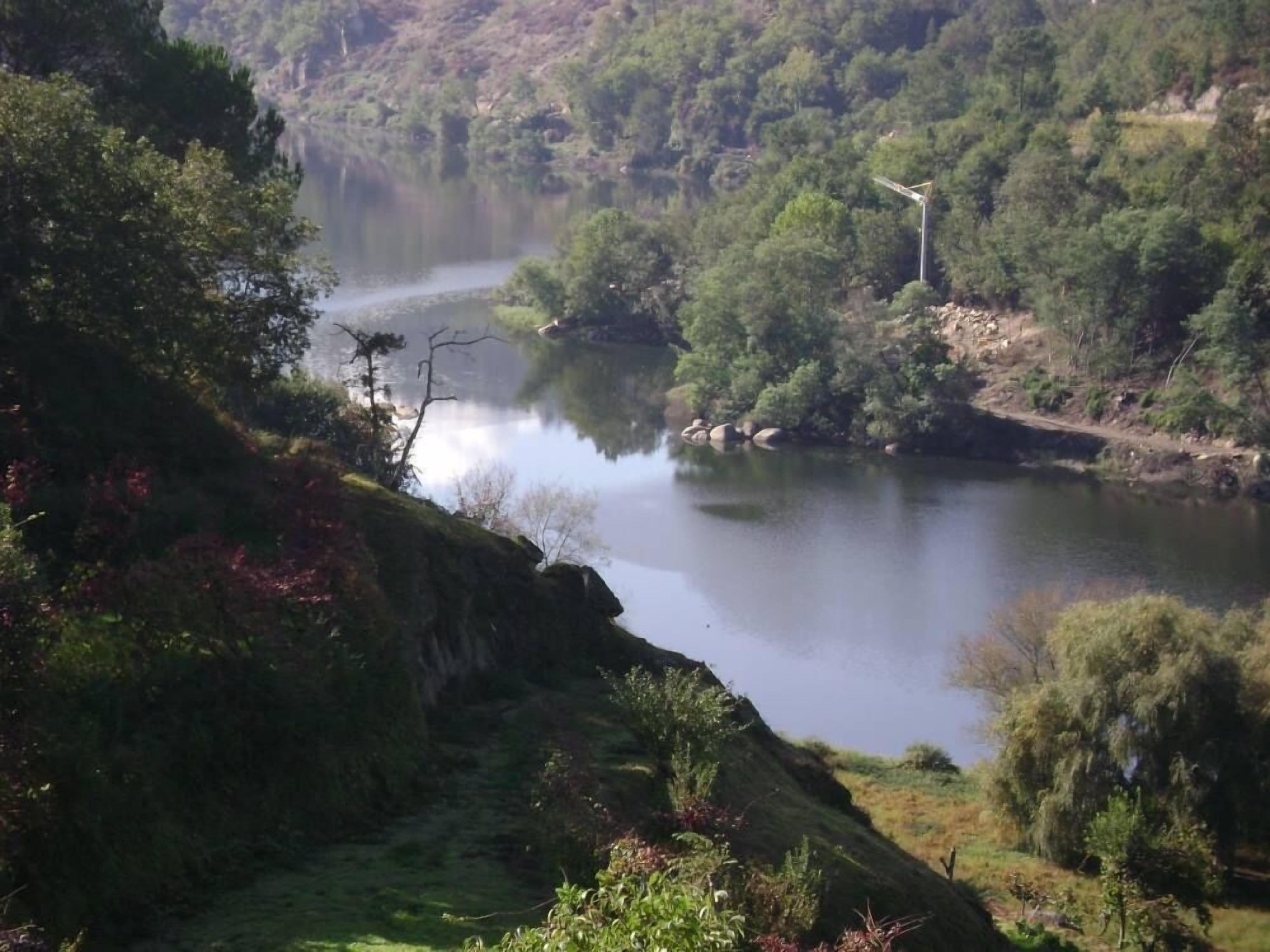 A serene river valley with dense greenery and a clear sky.