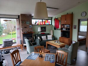 Télévision, cheminée, livres, médiathèque