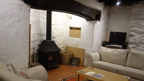A cozy living room with a stone wall, a fireplace, a television, and a sofa.