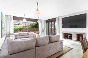 Télévision, cheminée, lecteur de DVD