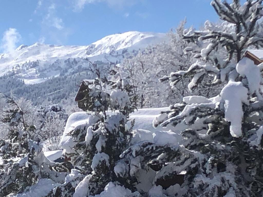 A snow-covered mountain landscape with a cabin.