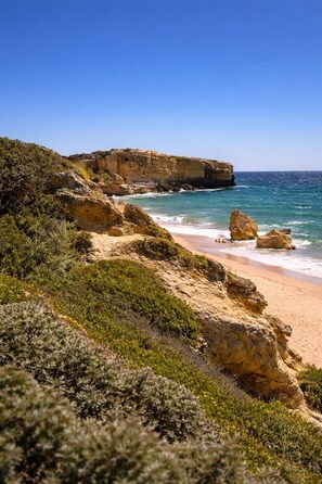 A coastal landscape with rocky cliffs, sandy beach, and green vegetation.
