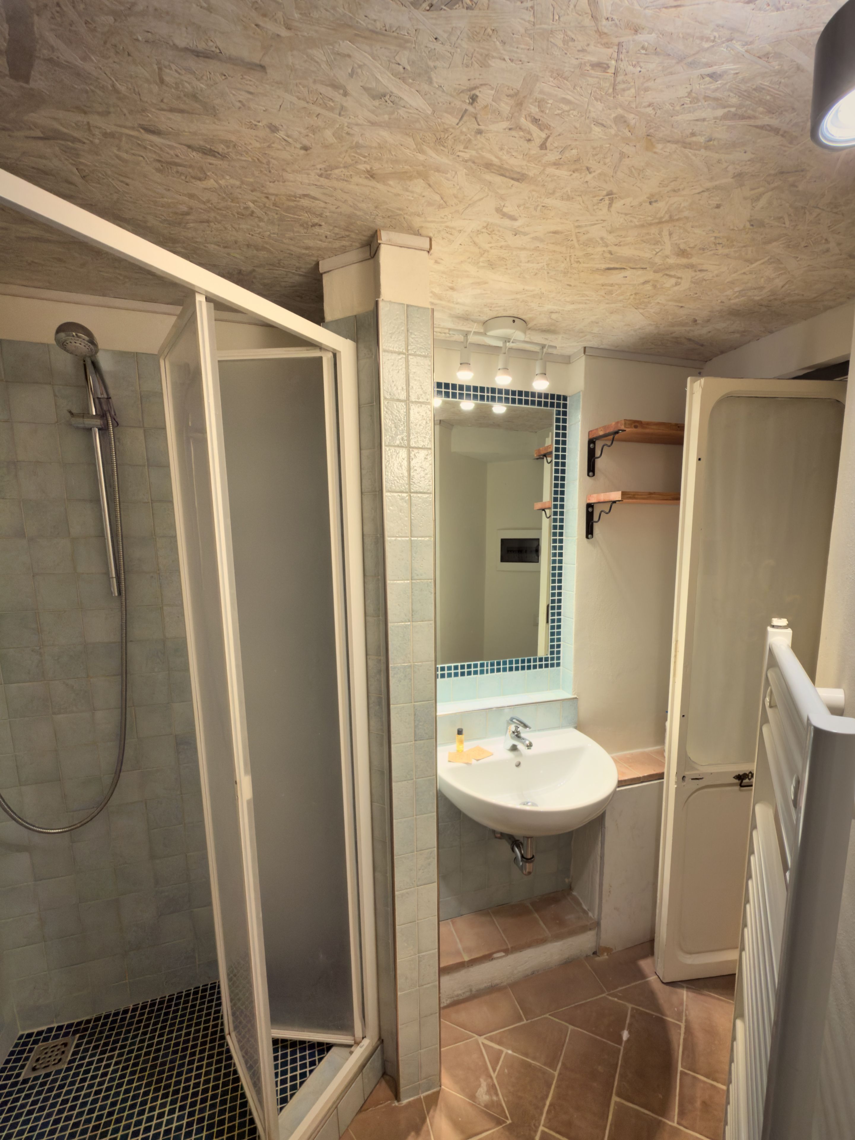 Un baño con ducha, lavamanos y espejo.