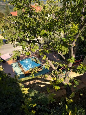 A swimming pool surrounded by trees, with a view of a road and buildings in the background.