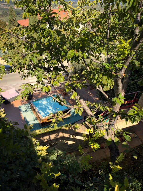 Une piscine entourée d’arbres, avec vue sur une route et des bâtiments en arrière-plan.