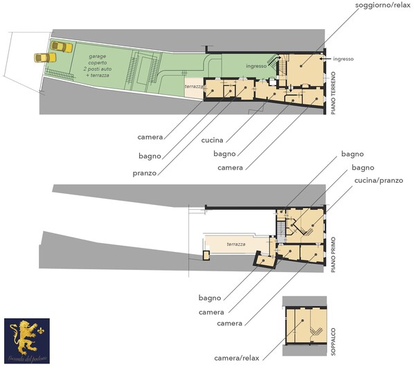 Un plan d’étage d’un hôtel comprenant un garage, deux places de stationnement, une terrasse et un espace de détente.