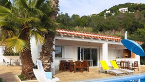 Zona junto a la piscina con un conjunto de comedor, sillas de descanso y una palmera.