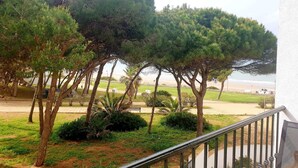 A balcony with a view of a beach, trees, and a grassy area. - One of the best located apartments in Conil.Sea views from every room. With WiFi (Conil de la Frontera)