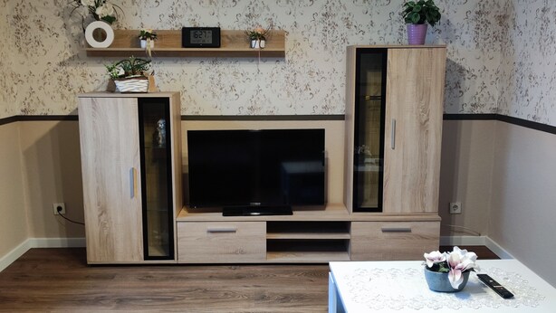 Un soggiorno moderno con una TV a schermo piatto, mobili contenitori in legno e un divano trapuntato.