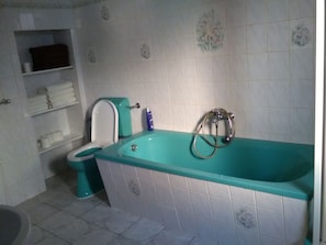 Hair dryer, towels, soap, shampoo