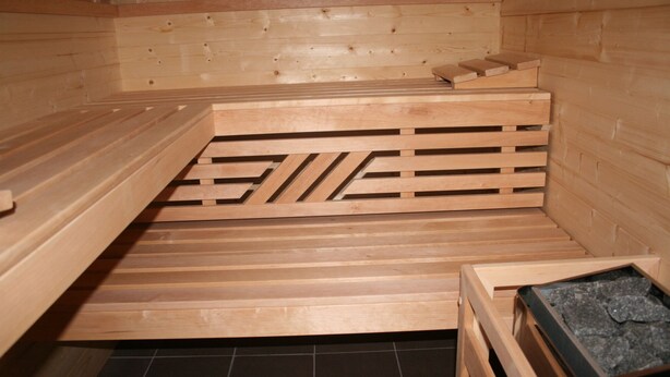 A sauna with wooden benches and a sloped ceiling. - beautiful garden with village idyll on the lagoon (usedom)
