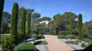 Un jardín con un sendero de grava, setos cuidadosamente podados y árboles altos.