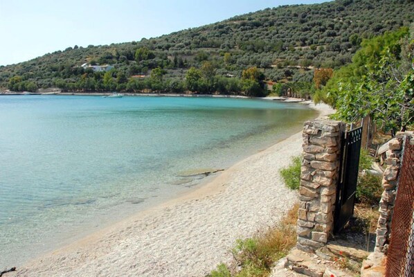 On the beach, sun-loungers