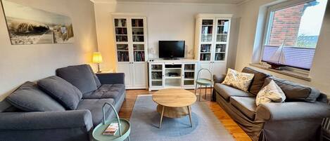 Smart-tv, dvd-afspiller, bøger, videobibliotek