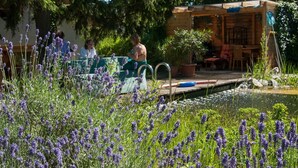 A garden with a pool, outdoor seating, and a wooden structure. - Organic home, garden & swimming pond, quiet location, Vienna reached in 15 min (Maria Enzersdorf)