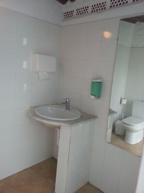 Duschwanne, Haartrockner, Handtücher, Seife