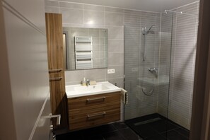 Shower, hair dryer, towels, toilet paper