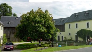 A two-story building with a sloped roof, a large tree in front, and a parked car on the street. - Historic farmhouse in rural village in northern Bavaria Landscape (Wunsiedel)