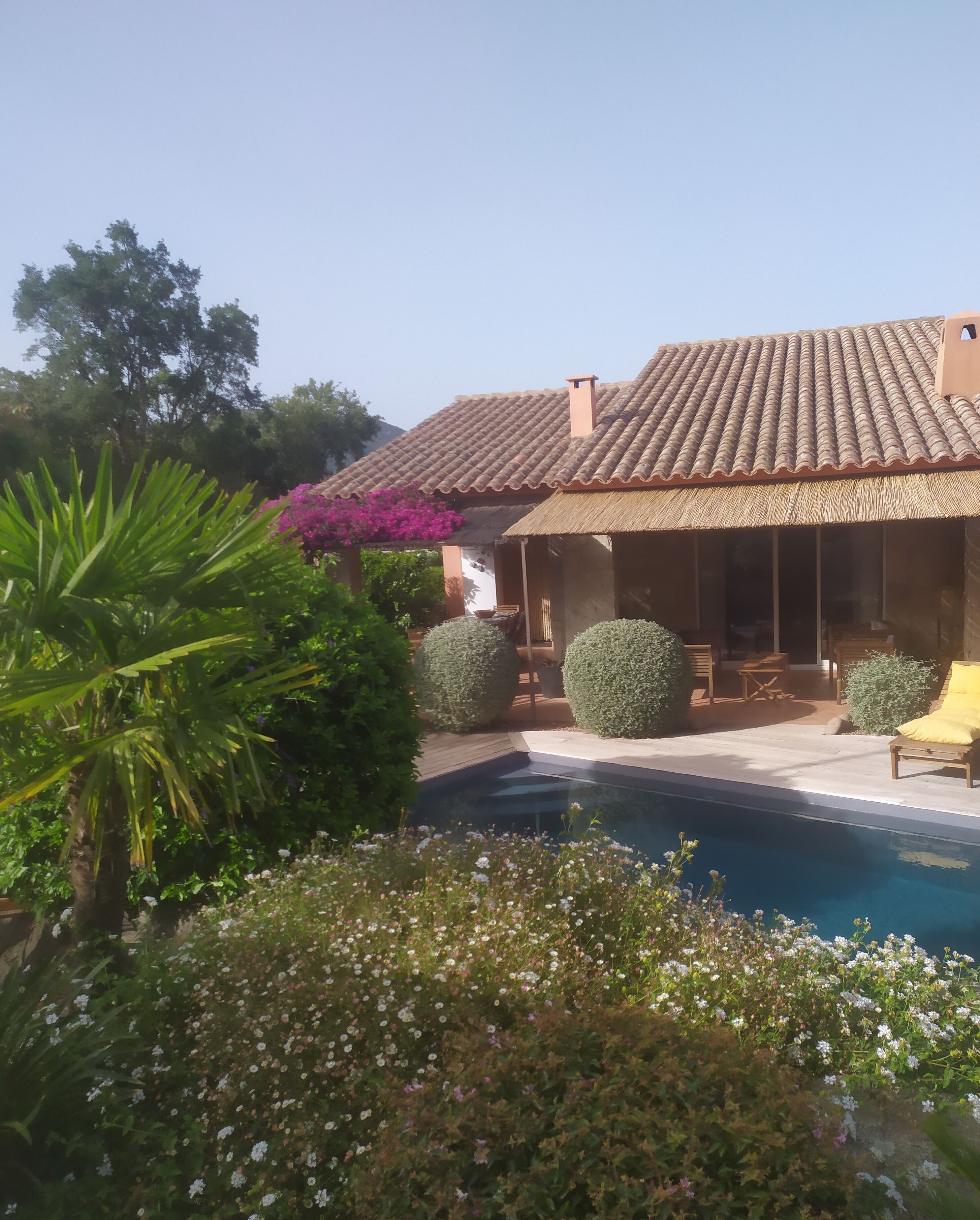A house with a tiled roof, a swimming pool, and a patio area with seating.