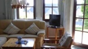 Een woonkamer met een bank, een salontafel, een televisie en een stoel. Er zijn twee ramen met gordijnen en uitzicht op het landschap.