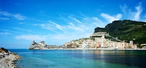 A coastal town with a historic fortification, colorful buildings, and a clear blue sky. - 'Cà Mary serenity just steps from the sea, comfortable house with garden !!! (Lerici)