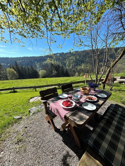 Detached cottage in an unspoilt south-facing slope at 1000m, forest edge