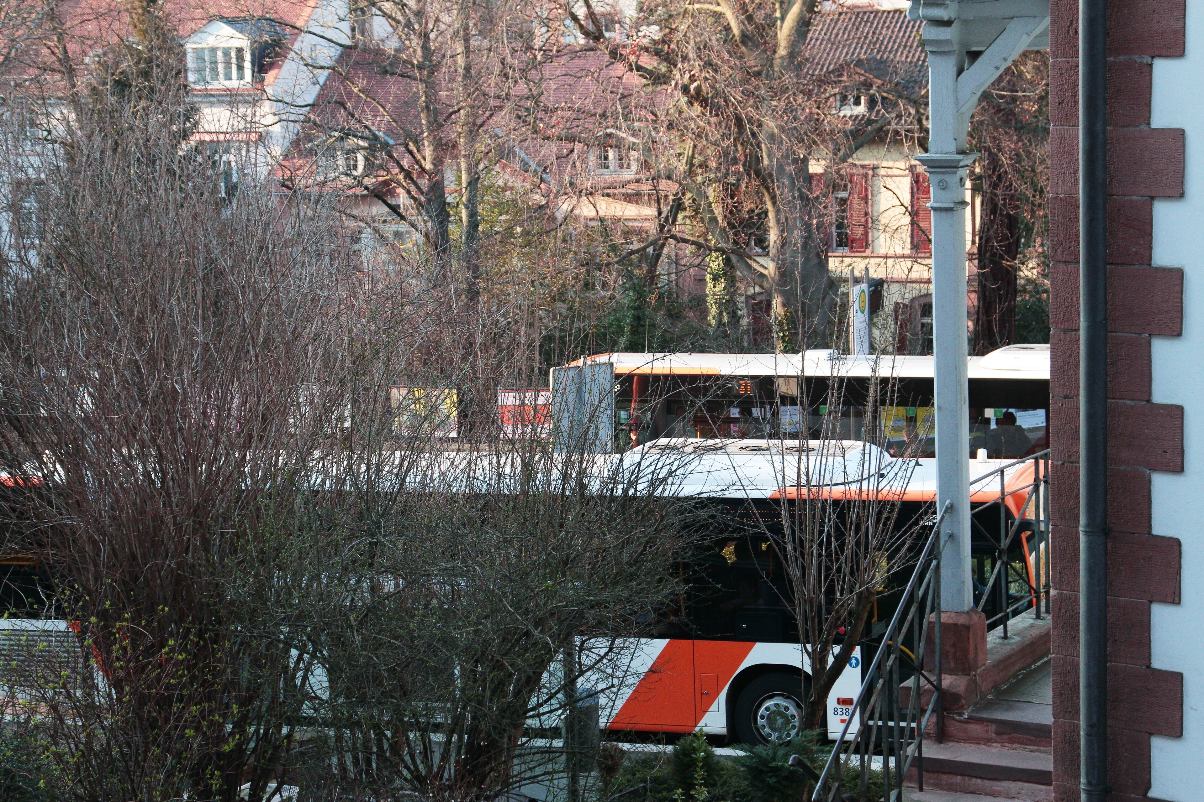 Ein Bus ist in der Nähe eines Gebäudes abgestellt, vor dem sich eine Treppe und ein Baum befinden.