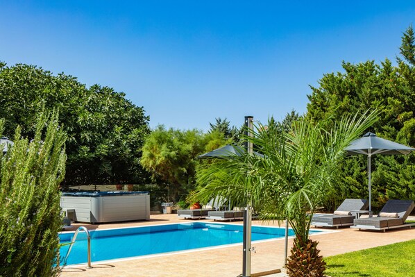 A heated pool, pool loungers
