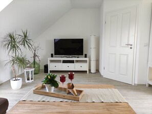 TV connectée, lecteur de DVD, livres, chaîne hi-fi