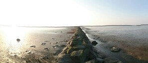 A beach with a stone wall in the foreground and a calm sea in the background. - Very light, friendly apartment for 2 to 4 people with WiFi (Norden)