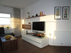 Smart TV, DVD player, books, music library
