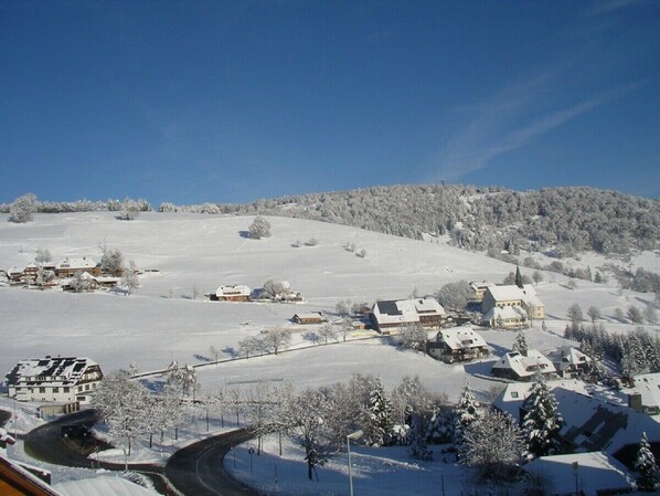 A snow-covered village with houses and a road. - Modern and cosy holiday flat on the Freiburger mountain at Schauinsland (Oberried)